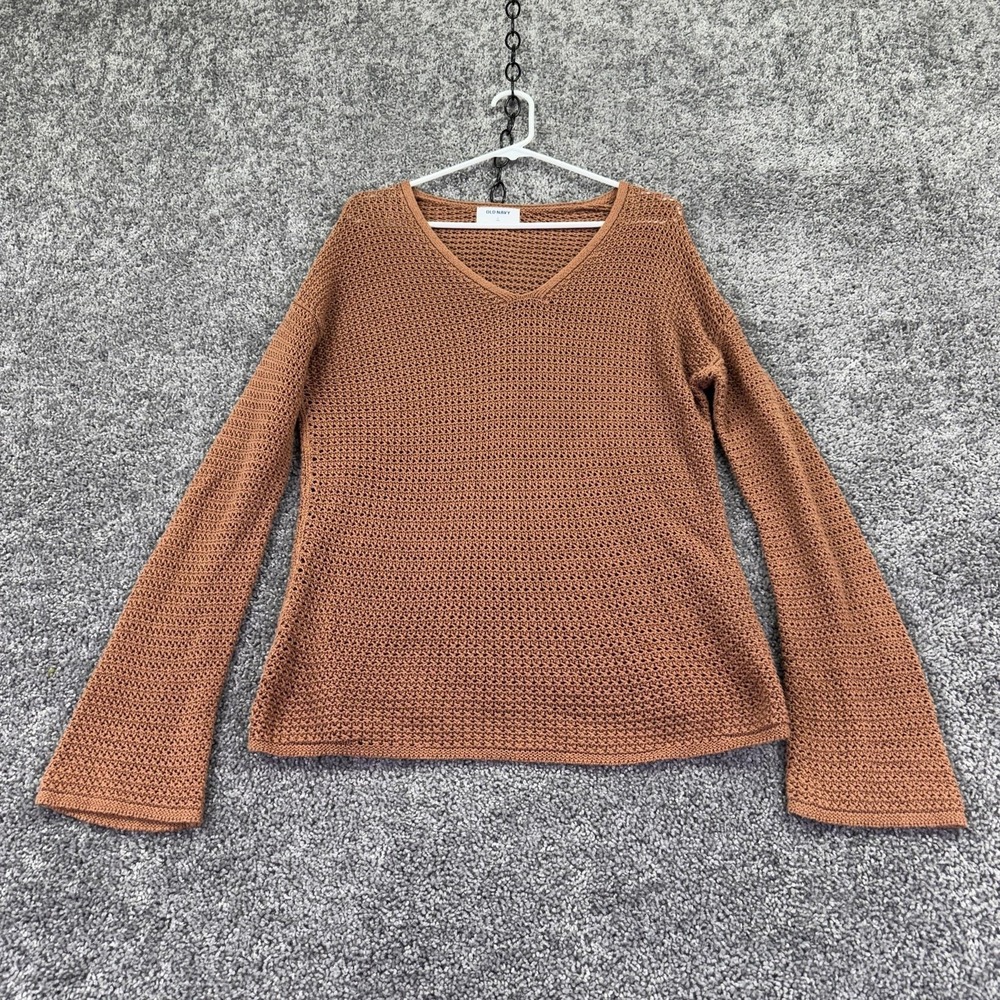 Old Navy Sweater Womens S Tall Brown V Neck Open Knit Pullover Casual Fall